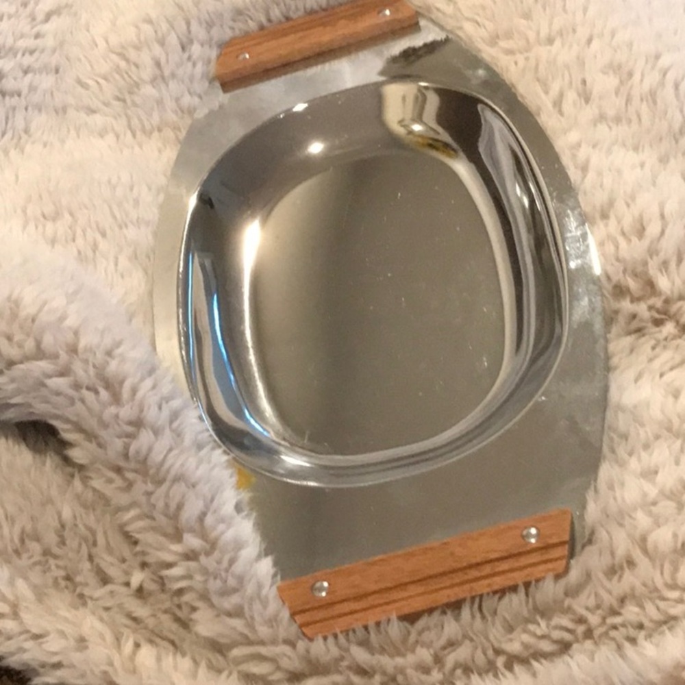 Vintage Kromex silver toned platter with wood edges